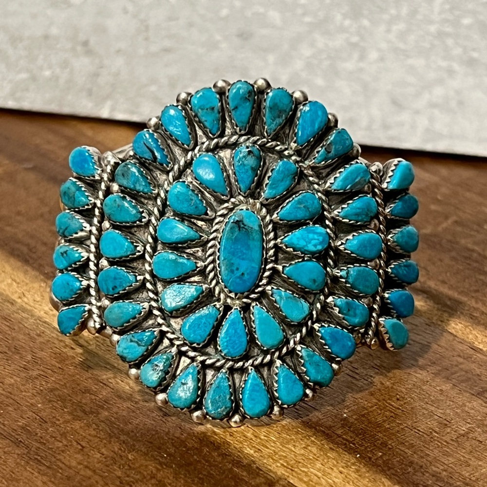 Vintage native signed large turquoise cluster cuff bracelet silver 925